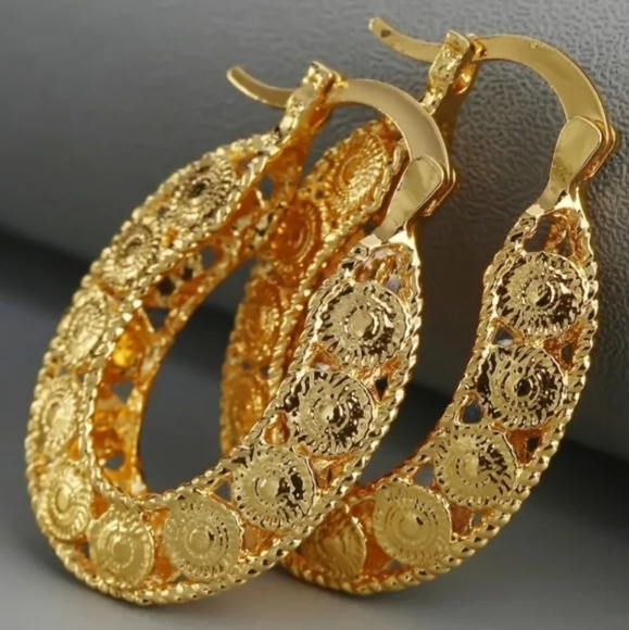 Yellow Gold Women Hollow Stud Hoop Drop Earrings - Picture 2 of 2